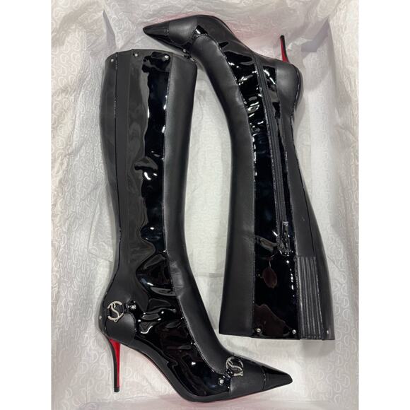 Christian Louboutin CL IN 90S Botta 80 Black Logo Leather Knee High Heel Boot 38 - Picture 2 of 15